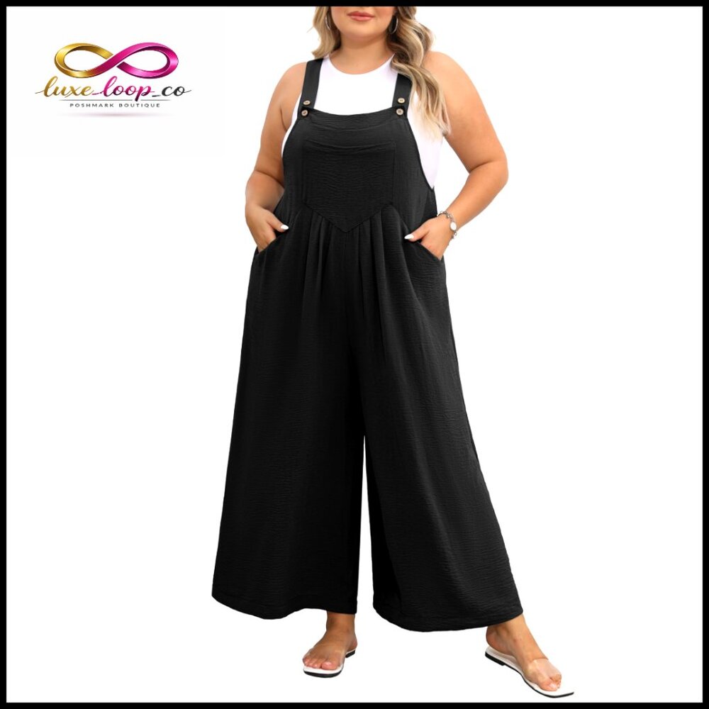 Plus Size Wide Leg Jumpsuit‎ with Adjustable Straps and Pockets